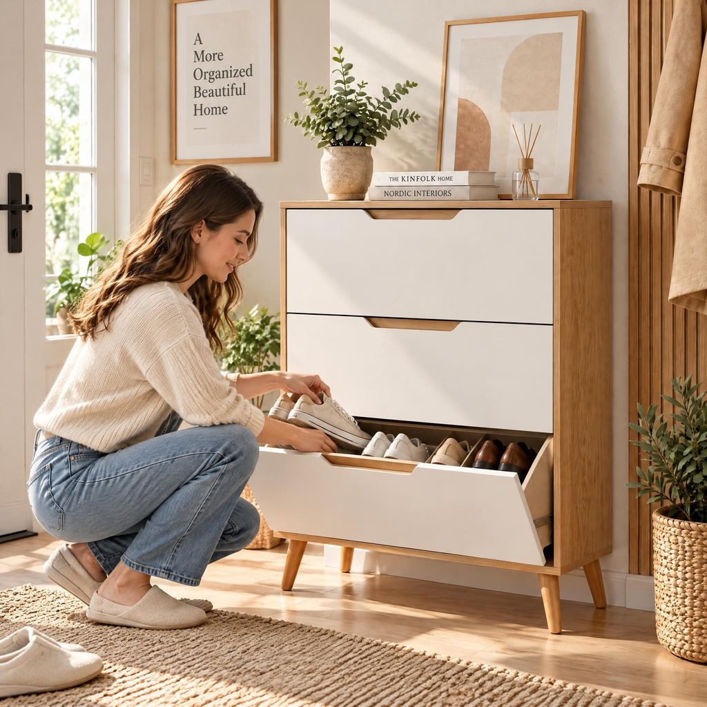Xarqeli™ Oak and White 3-Drawer Shoe Cabinet with Tapered Legs — lifestyle