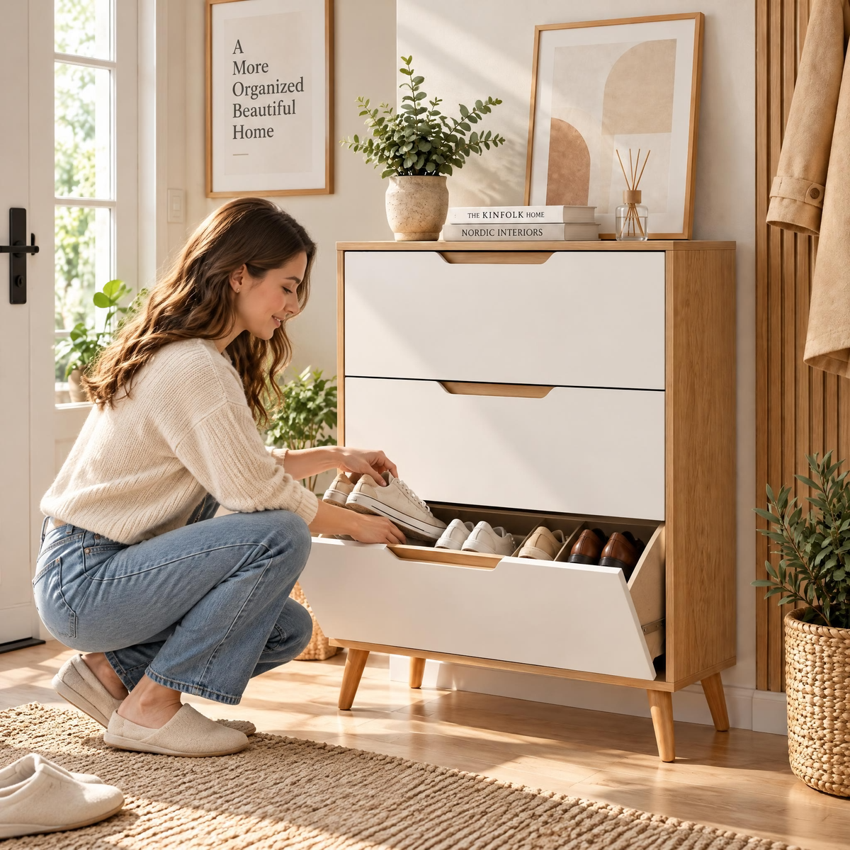 Xarqeli™ Oak and White 3-Drawer Shoe Cabinet with Tapered Legs — lifestyle