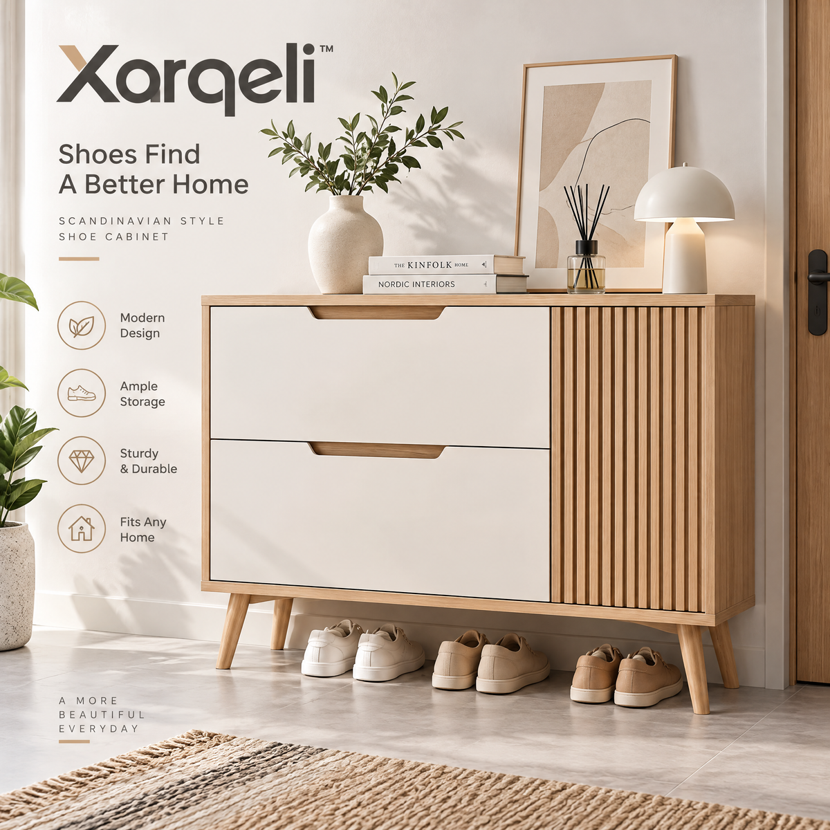 Xarqeli™ White and Oak Shoe Cabinet with 2 Drawers and Fluted Side Door — overview