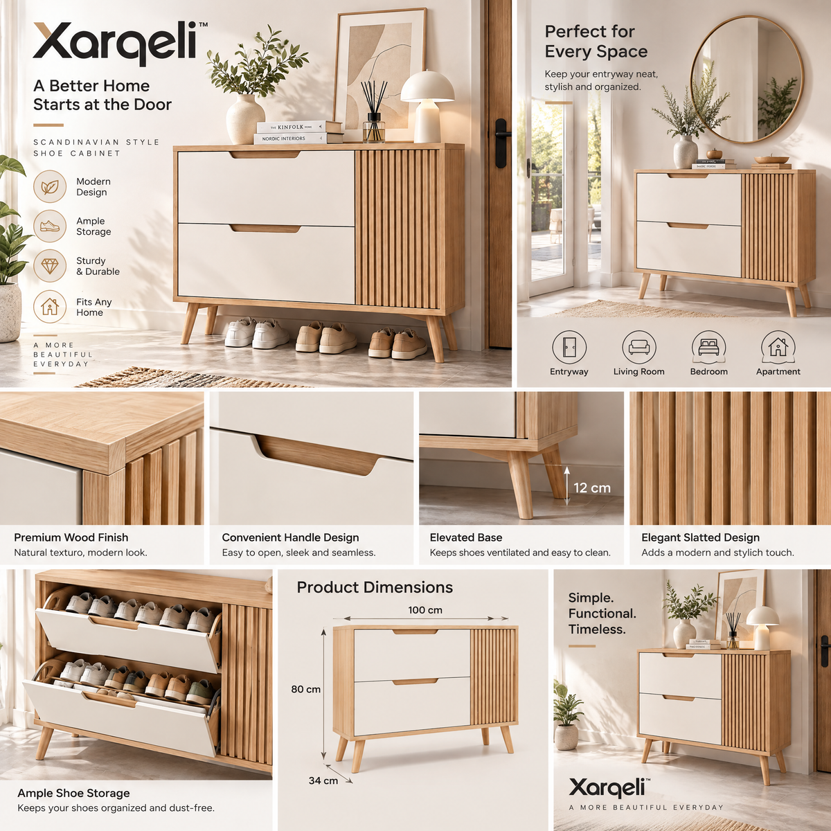 Xarqeli™ White and Oak Shoe Cabinet with 2 Drawers and Fluted Side Door — design details