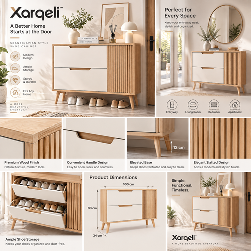 Xarqeli™ White and Oak Shoe Cabinet with 2 Drawers and Fluted Side Door — design details