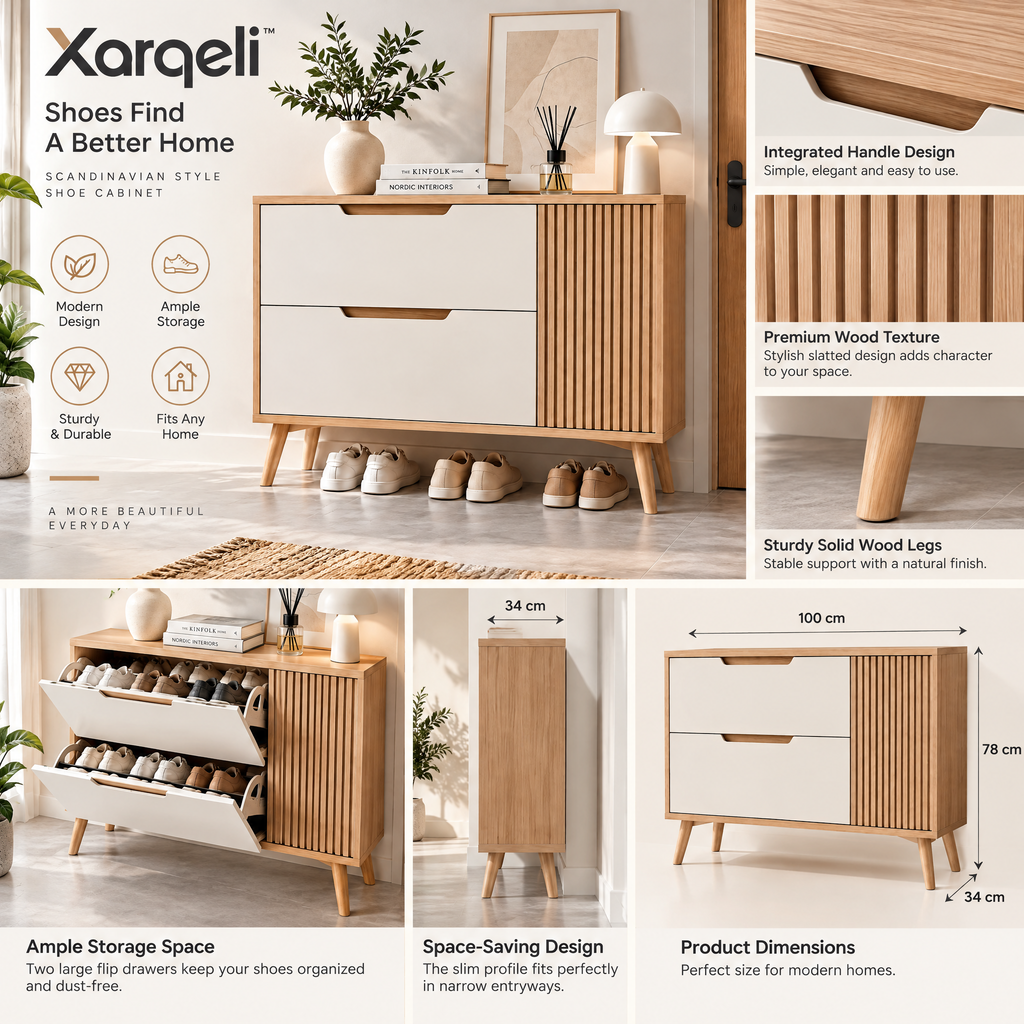 Xarqeli™ White and Oak Shoe Cabinet with 2 Drawers and Fluted Side Door — feature details