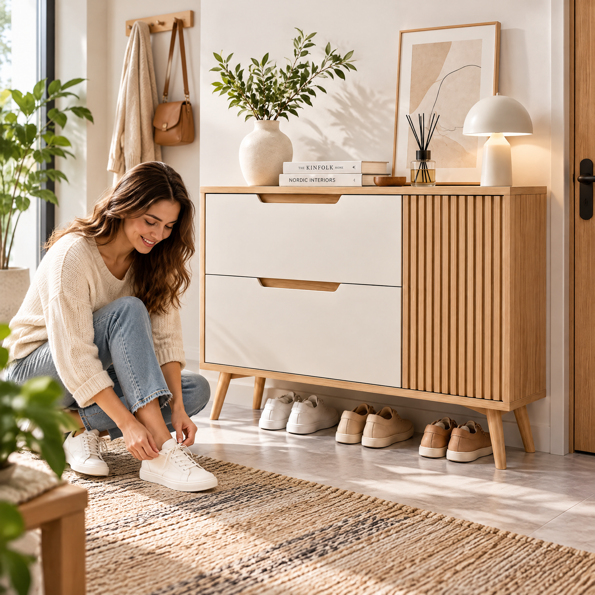 Xarqeli™ White and Oak Shoe Cabinet with 2 Drawers and Fluted Side Door — lifestyle