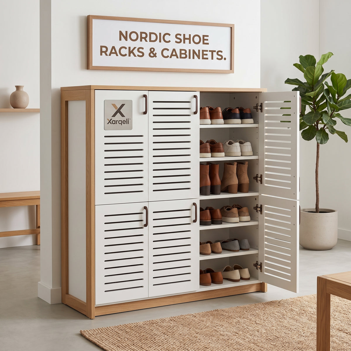 Xarqeli™ White Louvered Shoe Storage Cabinet with Wood-Look Frame — overview