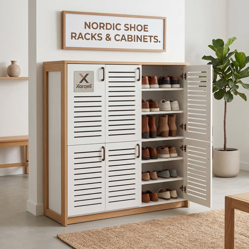 Xarqeli™ White Louvered Shoe Storage Cabinet with Wood-Look Frame — overview