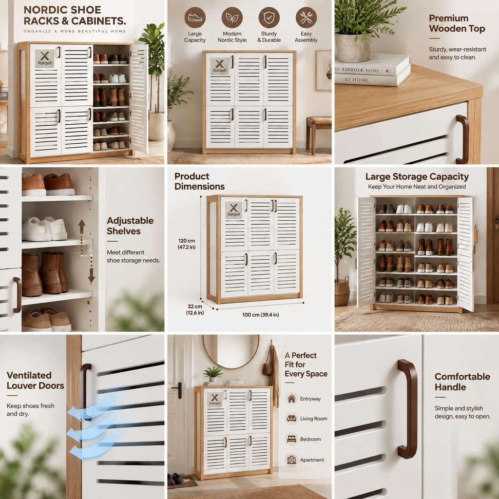 Xarqeli™ White Louvered Shoe Storage Cabinet with Wood-Look Frame — design details