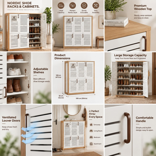 Xarqeli™ White Louvered Shoe Storage Cabinet with Wood-Look Frame — design details