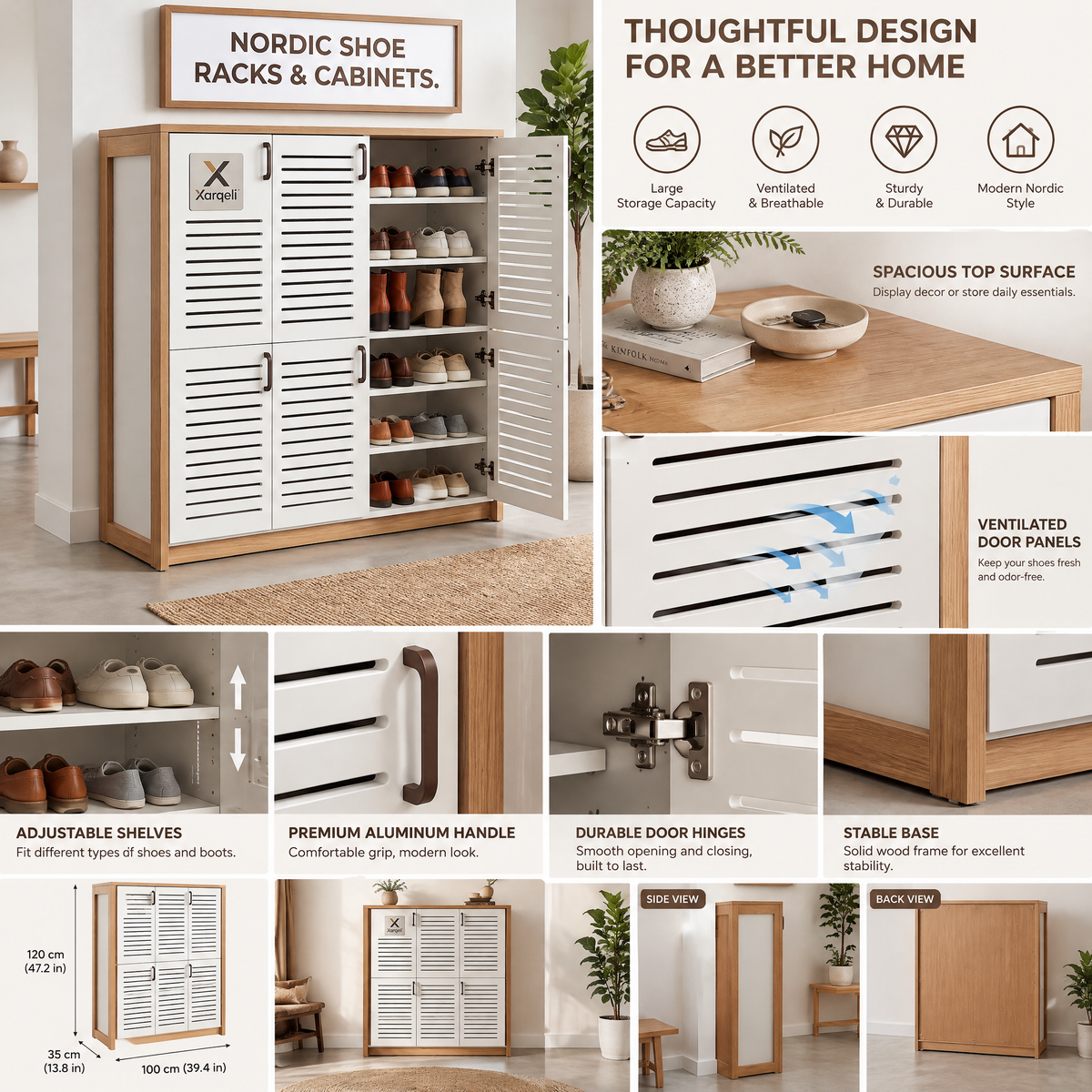 Xarqeli™ White Louvered Shoe Storage Cabinet with Wood-Look Frame — feature details