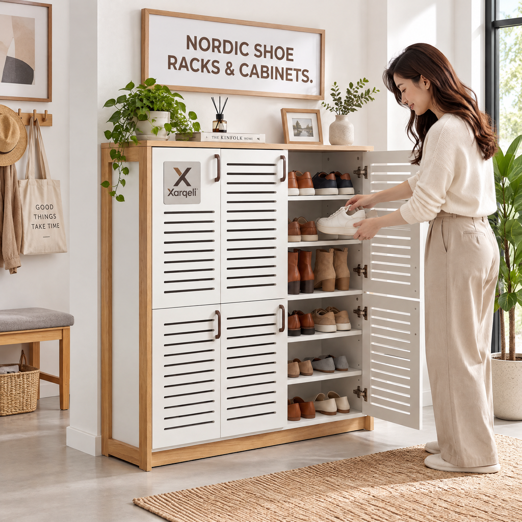 Xarqeli™ White Louvered Shoe Storage Cabinet with Wood-Look Frame — lifestyle