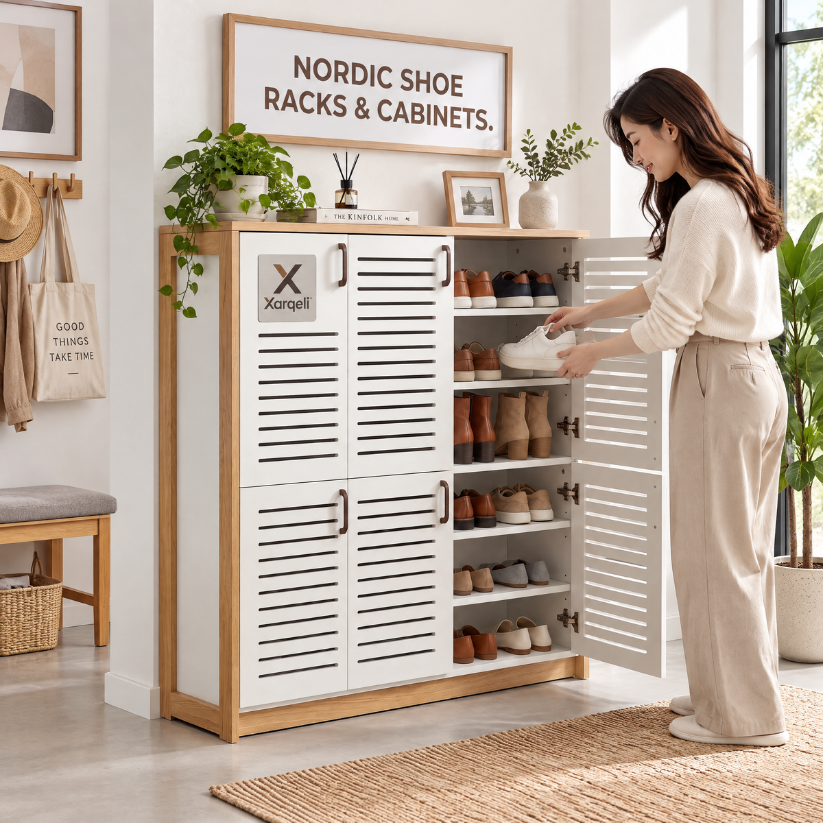 Xarqeli™ White Louvered Shoe Storage Cabinet with Wood-Look Frame — lifestyle